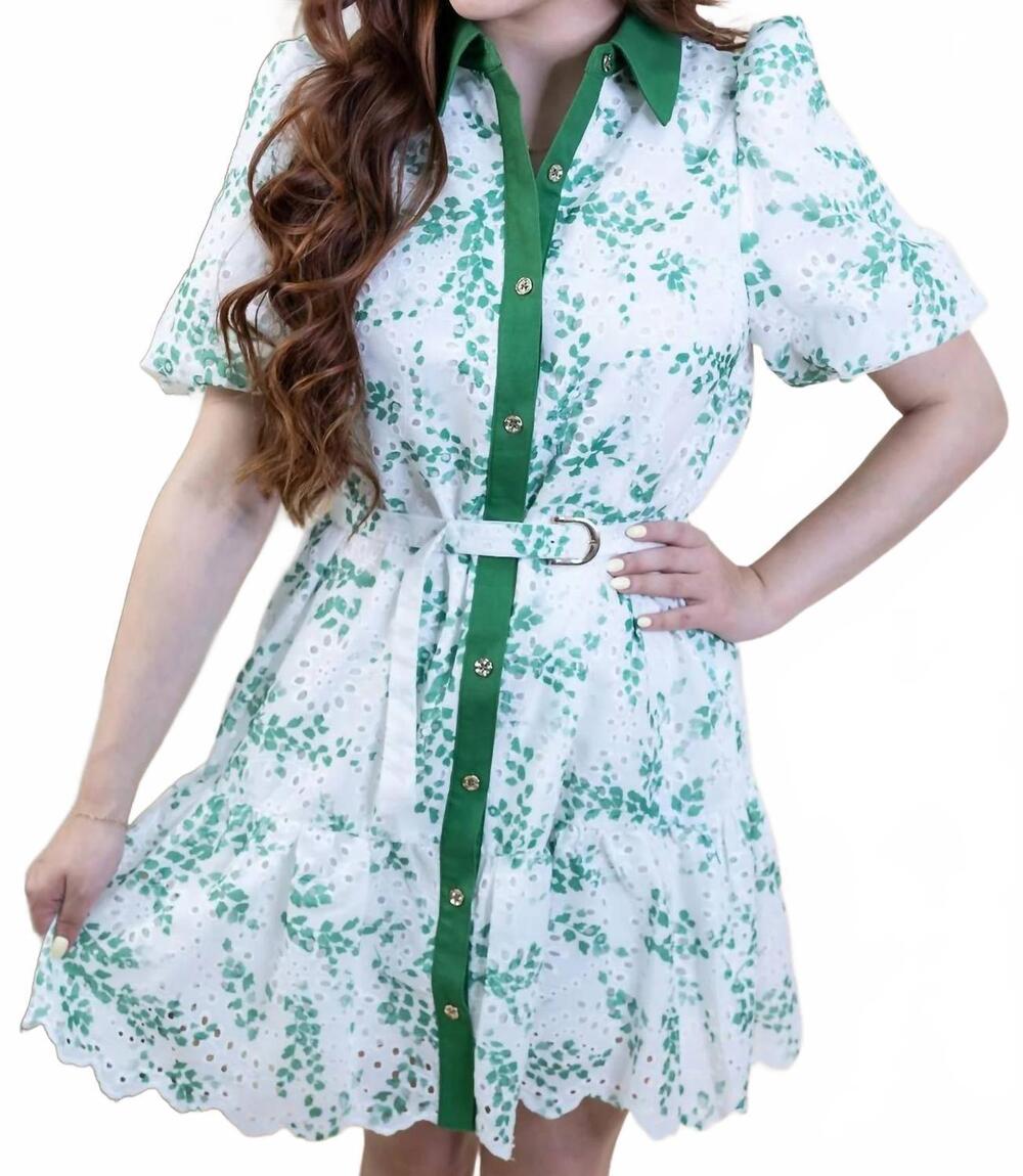 NEW ENTRO luna floral eyelet puff mini dress in matcha
